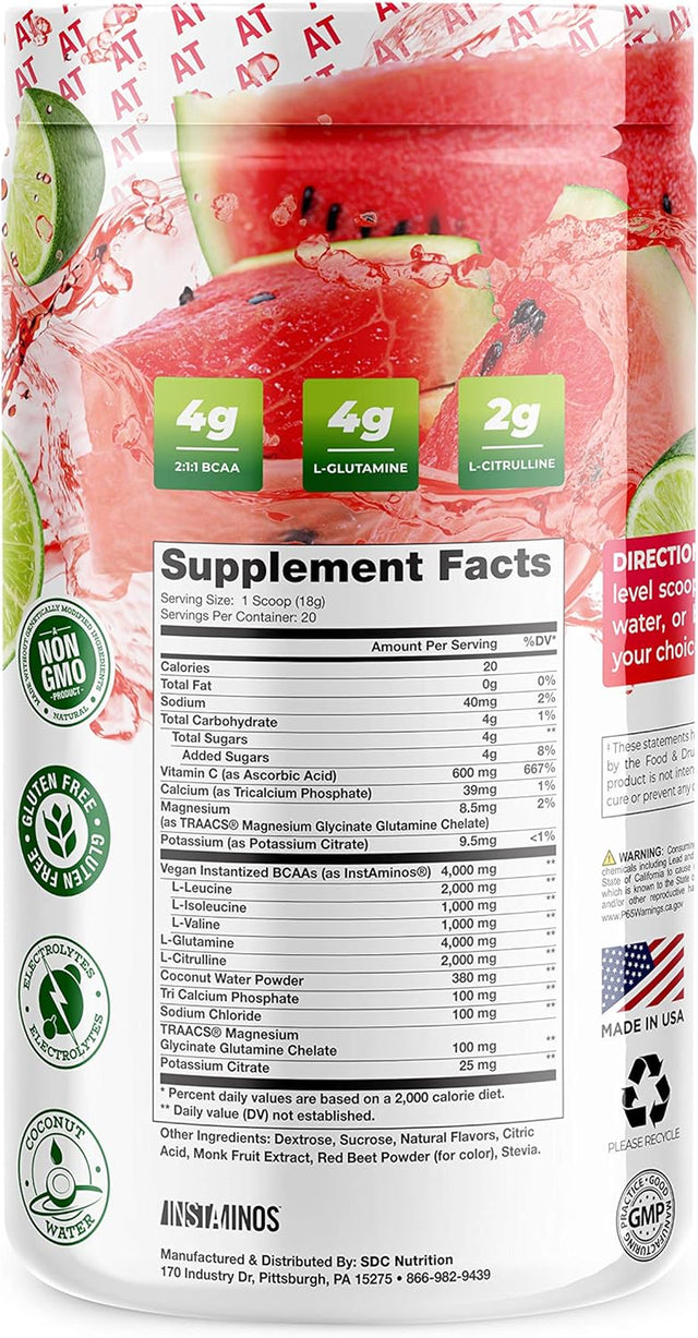 About Time Plant Based BCAA Hydrate with L-Glutamine & Electrolytes (Non-Gmo, Gluten Free, Monk Fruit Extract) - Watermelon Lime, 20 Servings