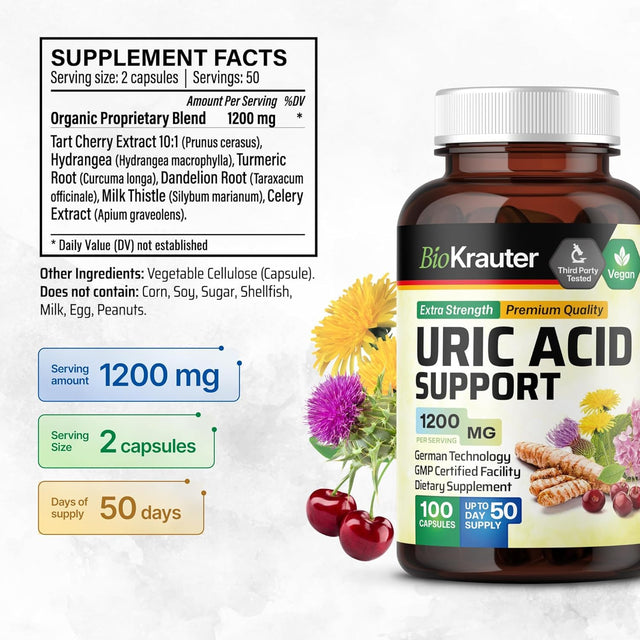 Uric Acid Support Capsules - Organic Kidney Health Supplement W/Tart Cherry 10:1 Extract - Milk Thistle & Turmeric Extract - Uric Acid Flush & Joint Support Pills - 100 Vegan Caps