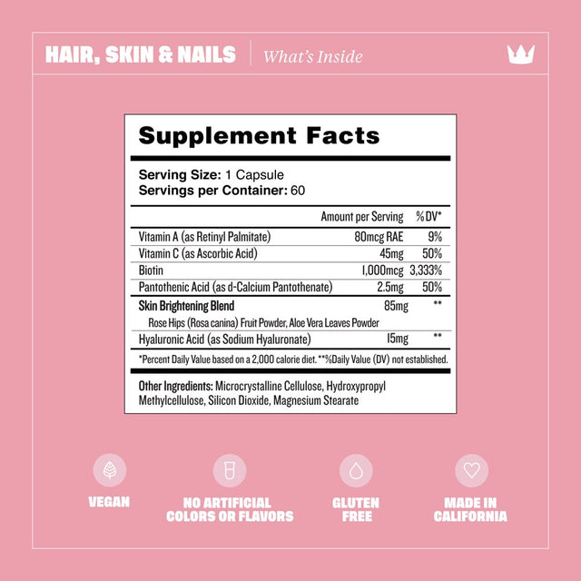 Health by Habit Hair Skin & Nails Supplement, Biotin, Hyaluronic Acid, 60 Capsules