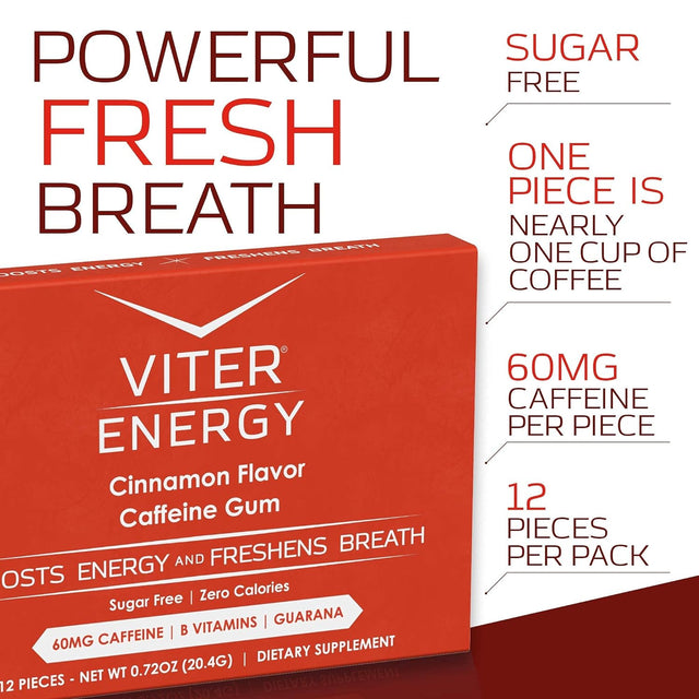 Viter Energy Caffeine Gum Wintergreen & Cinnamon 6 Pack Bundle - 60Mg Caffeine, B Vitamins, Guarana, Sugar Free Vegan Chewing Gum, Zero Calories. Nootropic Chews for Powerful Energizing Focused Boost