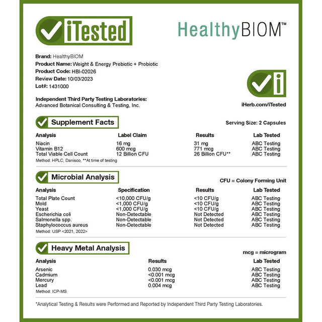 Healthybiom Weight Management and Energy Prebiotic + Probiotic, 12 Billion, 60 Veggie Capsules (6 Billion Cfus per Capsule)