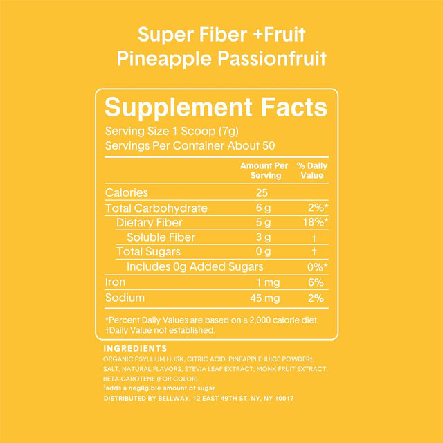 Bellway Super Fiber Powder + Fruit, Sugar Free Organic Psyllium Husk Powder Fiber Supplement for Regularity, Bloating Relief & Gut Health, Non-Gmo, Plant-Based, Pineapple Passion Fruit (12.9 Oz)