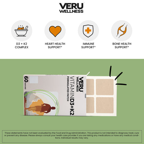 Veru Wellness D3/K2 Essential Patch- Heart and Bone Health - Bariatric Support Vitamins D3 K2 (60 Patches)