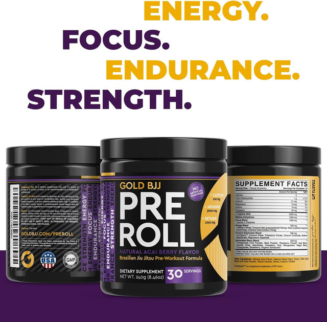 Gold BJJ Preroll - Jiu Jitsu Pre Workout Supplement for Energy, Focus, and Endurance - Martial Arts Specific Pre-Workout Powder Formula with Natural Flavors (Acai Berry, 30 Servings)