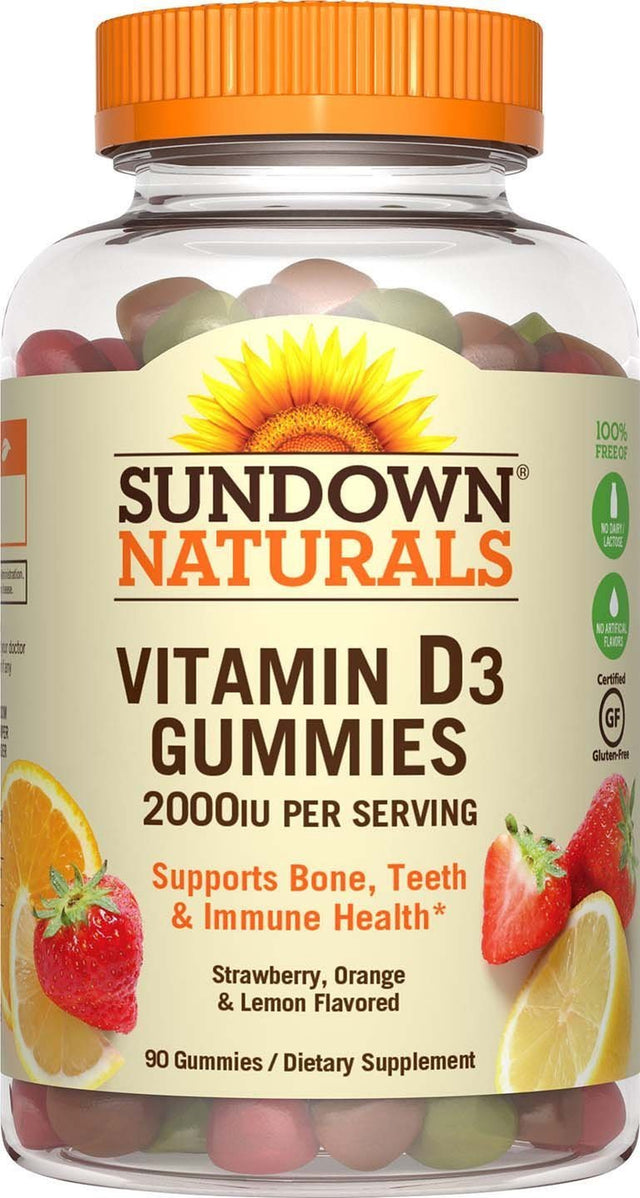 Sundown Naturals Vitamin D3 2000 IU Gummies, Strawberry, Orange, & Lemon Flavored 90 Ea (Pack of 4)