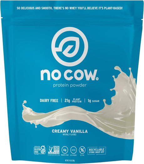 No Cow Vegan Protein Powder, Vanilla, 21G Plant Based Protein, Recyclable Bag, Dairy Free, Soy Free, No Sugar Added, Keto Friendly, Gluten Free, Naturally Sweetened, Non GMO, Kosher, 1.74 Pound