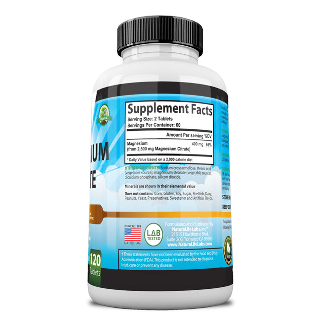 Magnesium Citrate 400 Mg - 120 Tablets Elemental Magnesium Supports Function of Muscles, Bones, Heart Non-Gmo per Serving