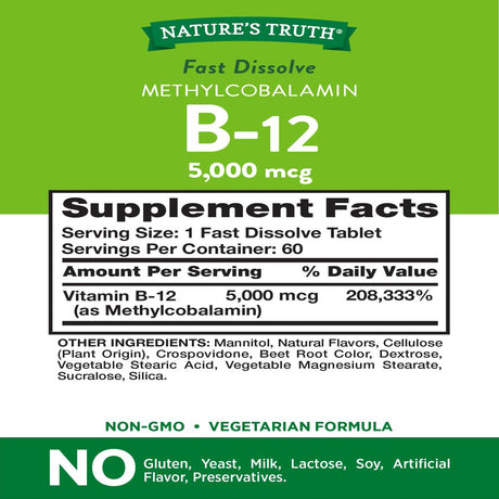 Nature'S Truth Vitamin B12 5000 Mcg | 60 Tablets | Fast Dissolve Natural Berry Flavor | Vegetarian, Non-Gmo & Gluten Free