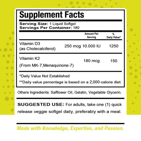 Health Dose Vitamin D3 + K2 10.000 IU with K2 MK-7 with D3 Vitamin Supplement, 2 in 1 Immune Support, Heart, Joint, Teeth & Bone Health 180 Softgels.