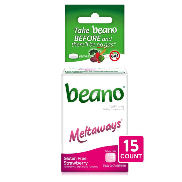 Beano Meltaways, Gas Prevention & Digestive Enzyme Supplement, Strawberry Flavor, 15 Count