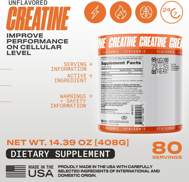 PERFORMIX - Creatine Monohydrate - 5000 Mg per Serving (5G) - Pre Workout - Increase Muscle Mass, Improve Strength & Reduce Fatigue - Creatine Monohydrate Powder - Unflavored - 80 Servings - 400G