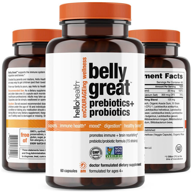 Hello Health Belly Great Daily Probiotic for Women, Men, Kids - Gut Health Immune Support Stress Relief and Vitamin D3, Folate, B Vitamins - 60 Count