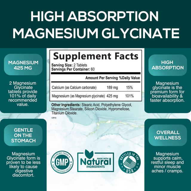 Magnesium Glycinate 425 Mg with Calcium - Natural, High Absorption Magnesium Tablets Chelated for Muscle, Nerve, Bone & Heart Health Support - Non-Gmo, Gluten Free, Vegan Supplement - 120 Tablets