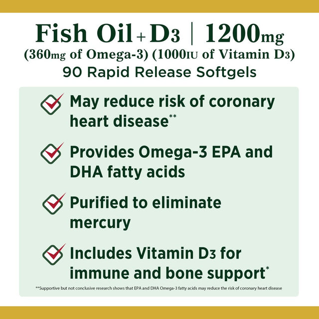 Nature'S Bounty Omega 3 Fish Oil 1200 Mg + D3 Softgels for Heart & Immune Health, 90 Ct