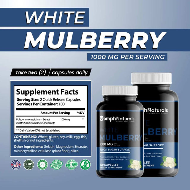 White Mulberry Leaf, 1000Mg Morus Alba Extract, 200 Capsules 100 Day Supply, Non-Gmo, Gluten Free