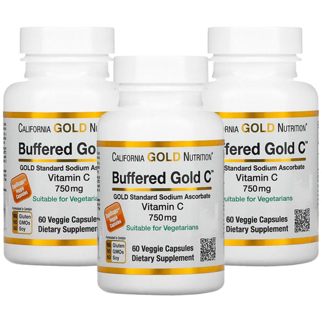 Buffered Vitamin C Capsules, 750 Mg, 60 Veggie Capsules, California Gold Nutrition, 3 Pack