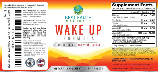 Wake up Formula, Supplement Taken at Bedtime and Works While You Sleep for Delayed Time Release Energy in Morning. Alternative to Coffee and Morning Alarm Clock 40 Count