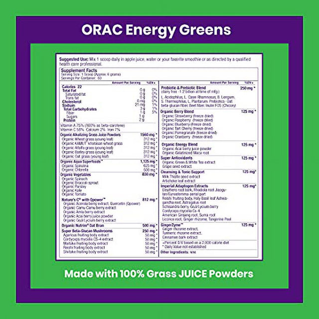 Paradise ORAC Energy Greens Powder Extract, Super Antioxidants, Probiotics for Gut Health & Digestion, Vitamin C for Immunity, with Spirulina & Chlorella, Non-Gmo, Gluten Free, 60 Servings