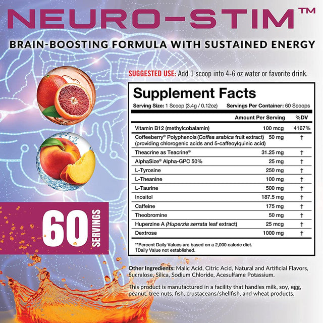 Granite® Neuro-Stim™ (White Peach) Brain Boosting Nootropic + Energy Formula | Supports Healthy Mental Focus, Clarity & Performance | Vegan, Soy Free, Gluten Free (60 Servings)