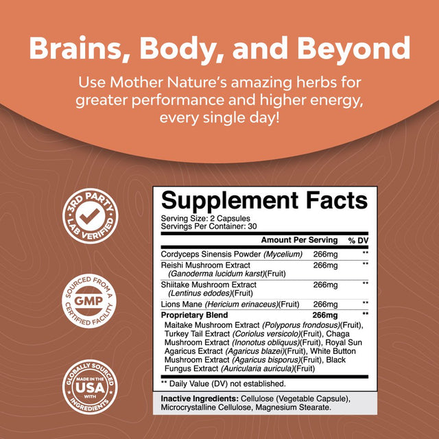 Nootropic & Immune Support Mushroom Supplement - Nature'S Craft Mushroom Complex with Lion'S Mane, Reishi, Cordyceps & Turkey Tail Adaptogen Blend