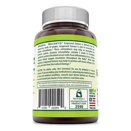 Herbal Secrets Grapeseed Extract 250 Mg per Serving 120 Capsules Supplement | 120 Servings | Non-Gmo | Gluten Free | Made in USA