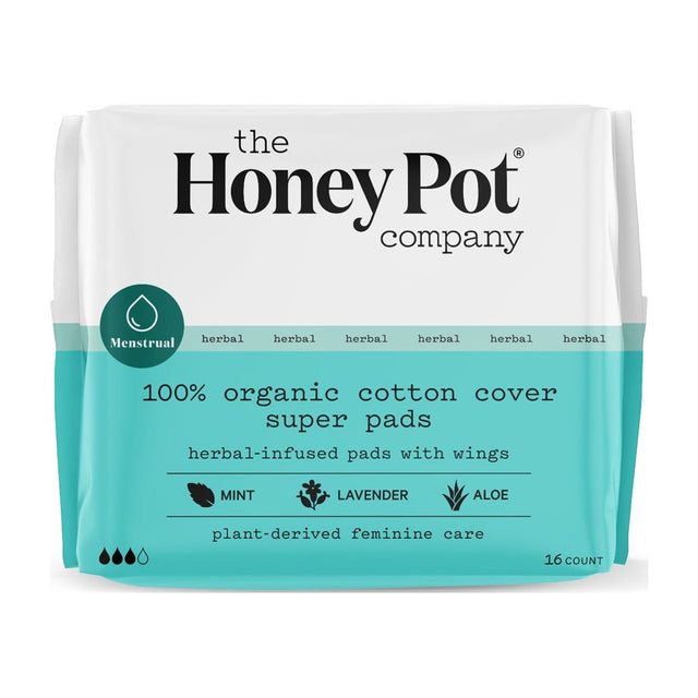 The Honey Pot Company, Herbal Super Pads with Wings, Organic Cotton Cover, 16 Ct.