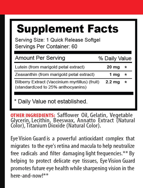 Eye Supplements for Adults Natural - Eye Vision Guard - Lutein for Eyes, Lutein and Zeaxanthin Supplements, Eye Vitamins, Eye Vision Supplements, Bilberry Supplement for Eyes, 1 Bottle 60 Softgels