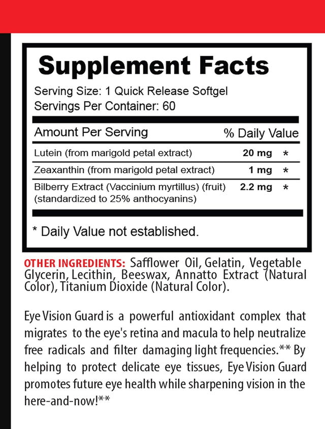 Eye Supplements for Adults Natural - Eye Vision Guard - Lutein for Eyes, Lutein and Zeaxanthin Supplements, Eye Vitamins, Eye Vision Supplements, Bilberry Supplement for Eyes, 1 Bottle 60 Softgels