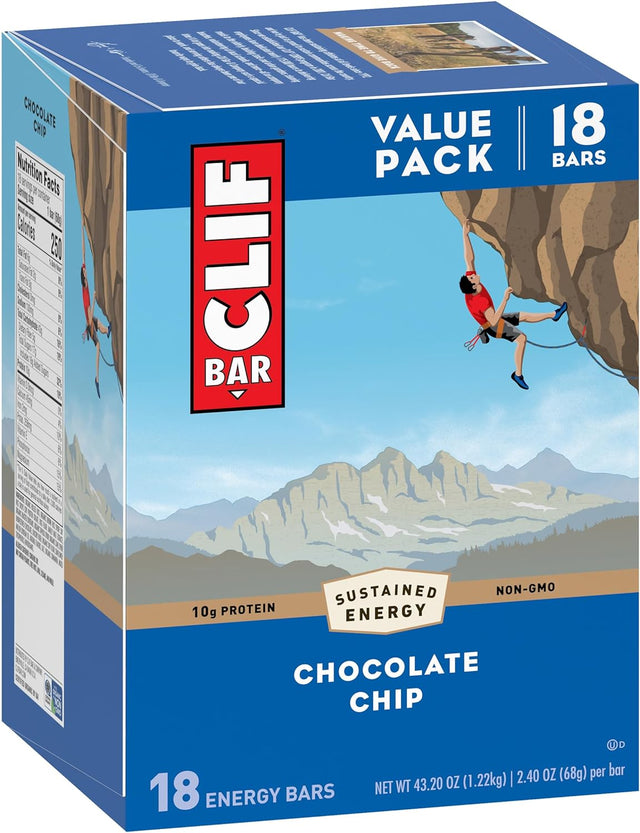 CLIF BAR - Chocolate Chip - Made with Organic Oats - 10G Protein - Non-Gmo - Plant Based - Energy Bars - 2.4 Oz. (18 Pack)