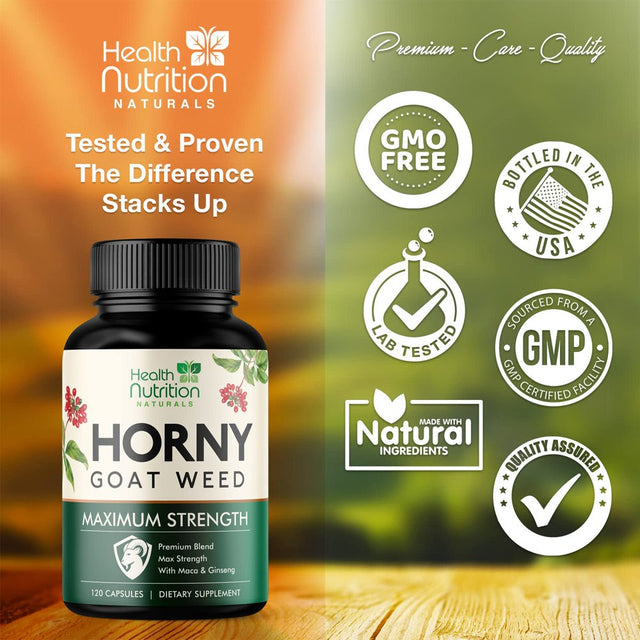 Extra Strength Horny Goat Extract for Men & Women - 1590Mg 3X Strength, Performance, Energy, Stamina with Maca, Saw Palmetto, Ginseng, L-Arginine & Tongkat Hornygoatweed Supplement - 120 Capsules