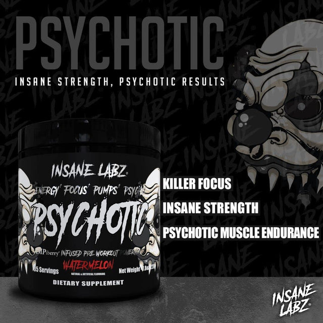 Insane Labz Psychotic Black Edition Mid Stimulant Pre Workout Powder, Energy Focus Pumps, Loaded with Creatine Beta Alanine Taurine Fueled by Ampiberry, 35 Servings Fruit Punch