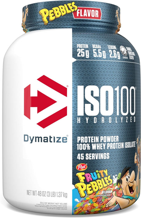 Dymatize ISO100 Hydrolyzed Protein Powder, 100% Whey Isolate , 25G of Protein, 5.5G Bcaas, Gluten Free, Fast Absorbing, Easy Digesting, Fruity Pebbles, 3 Pound