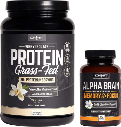 ONNIT Nootropic + Sports Nutrition Stack - Alpha Brain (90Ct) + Grass Fed Whey Protein (Vanilla)