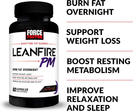 Force Factor Leanfire PM Weight Loss Pills for Women & Men, Fat Burner & Overnight Weight Loss Pills to Burn Fat, Boost Metabolism, Improve Sleep, Powerful Formula for Incredible Results, 60 Capsules