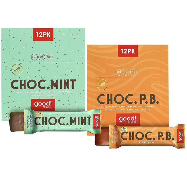 Good! Snacks Vegan Protein Bars Bundle, Chocolate Mint & Chocolate Peanut Butter (24 Bars) Gluten-Free, Plant Based, Low Sugar, High Protein Meal Replacement, Healthy Snacks for Energy, 15G Protein