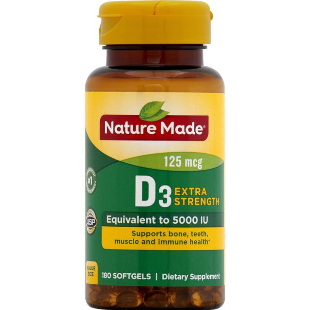 Nature Made Extra Strength Vitamin D3 5000 IU (125 Mcg) Softgels, 180 Count Value Size