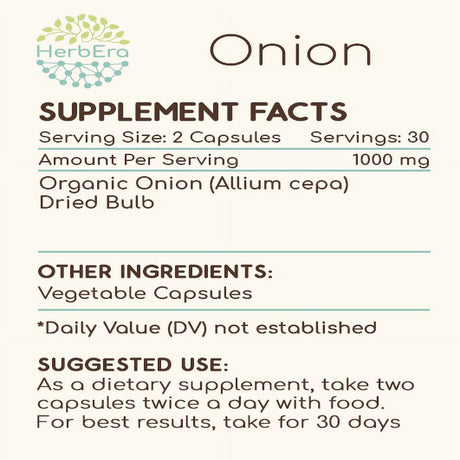 Onion 60 Capsules, 500 Mg, Organic Onion (Allium Cepa) Dried Bulb