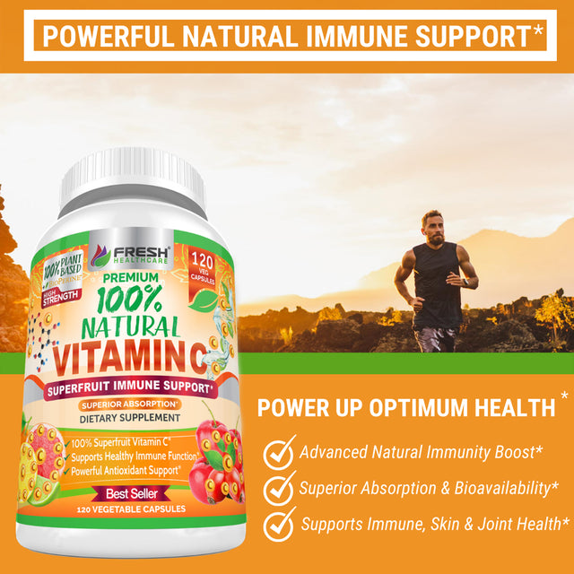 Natural Vitamin C - 100% from Rose Hips, Acerola Cherry and Camu Camu Superfruit 500Mg - High Absorption - Immune Support, Skin, Joint and Collagen Booster with Citrus Biflavanoids - 120 Capsules