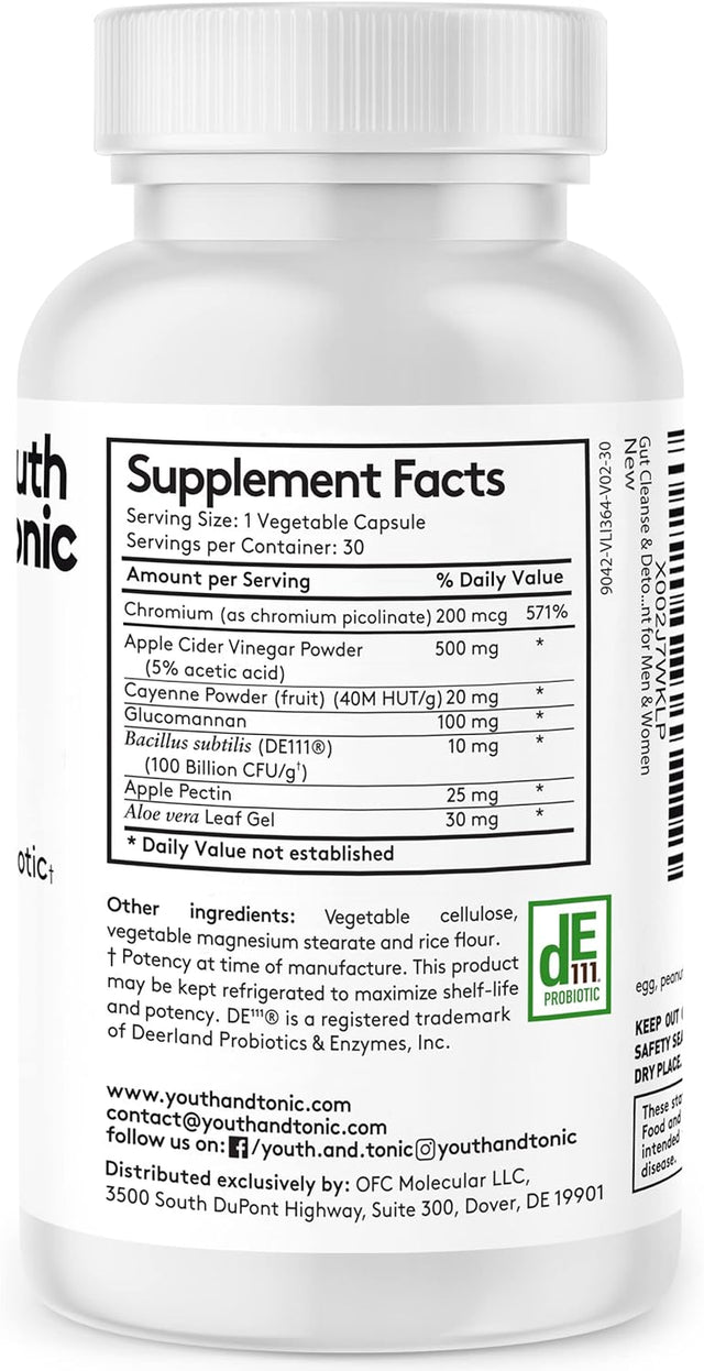 Youth & Tonic Gut Cleanse & Detox Pills | Restore Healthy Intestinal Flora Preventing Digestive Imbalance | Support for Body Cleanse or Weight Management Programs | Supplement for Men & Women