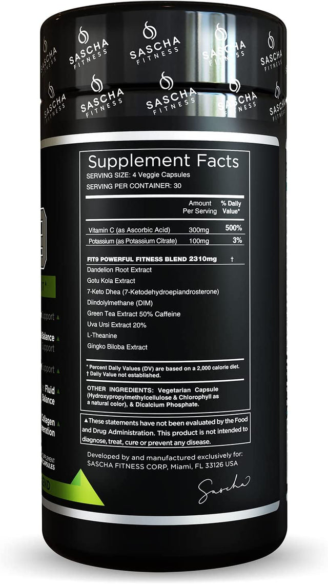 Sascha Fitness Fat Loss Pills | Collagen Support | Fluid Balance | FIT9 Ingredients: 7Keto + Uva Ursi, Gotu Kola, L-Theanine,Gingko Biloba,Dim,Green Tea | Weight Loss Supplements-Vegan-120 Natural Cap