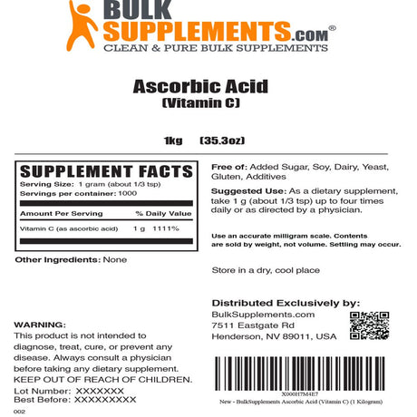 Bulksupplements.Com Ascorbic Acid Powder, 1G (1Kg - 100 Servings)