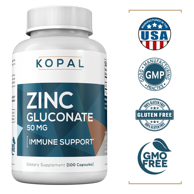 Kopal – 50Mg Zinc Gluconate – USA Made - Zinc Vitamin Supplements for Superior Immune Support, Recovery and Acne Defense – Gluten Free Non-Gmo Capsules