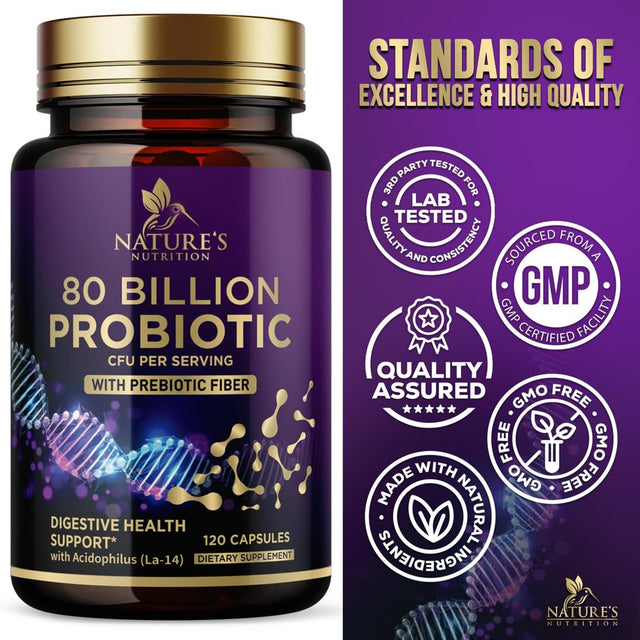 Nature'S Probiotics 80 Billion CFU + Prebiotics, Acidophilus Probiotic Supports Immune System & Digestive Health, Supports Occasional Constipation, Supplement for Women Feminine Health - 120 Capsules