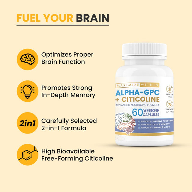 Maximize within Alpha GPC + Citicoline 60 Cap, 1600Mg Concentrated Formula - Supports Memory, Focus, Mood & Energy