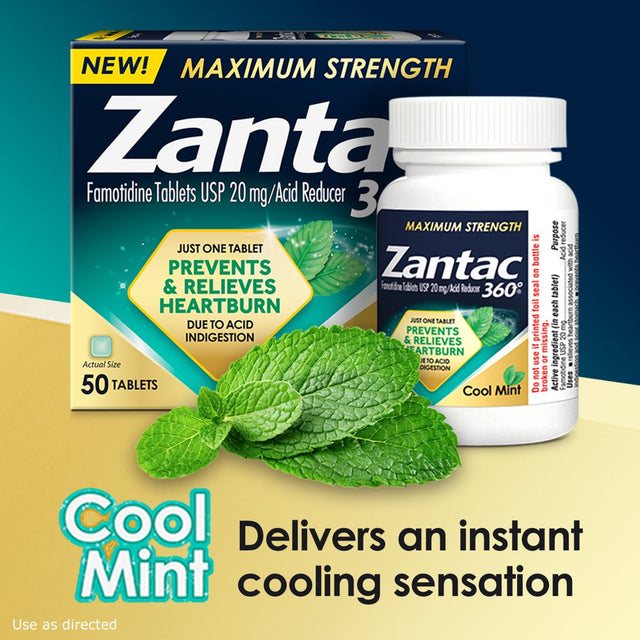 Zantac 360 Maximum Strength Prevents & Relieves Heartburn Cool Mint 20Mg Tablets /Acid Reducer 50Ct