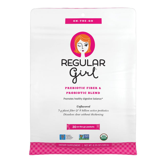 Regular Girl - Organic on the Go Powder, Low FODMAP Prebiotic Guar Fiber and Probiotic Support for Comfortable Digestion, 30 Packets