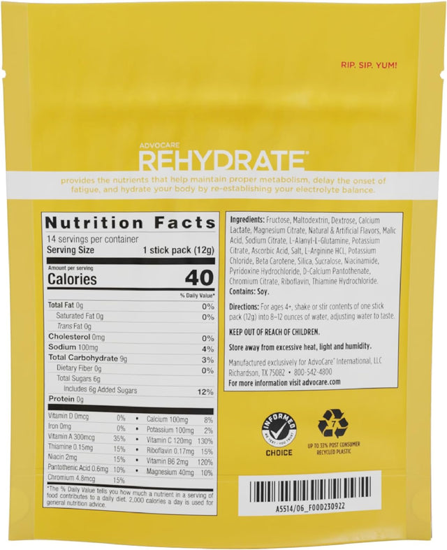 Advocare Rehydrate Electrolyte Drink Mix - Electrolytes Powder Packets - Drink Mix Packets - Essential Amino Acids Supplement - Powdered Drink Mix for Water - Mango Pineapple - 14 Hydration Packets