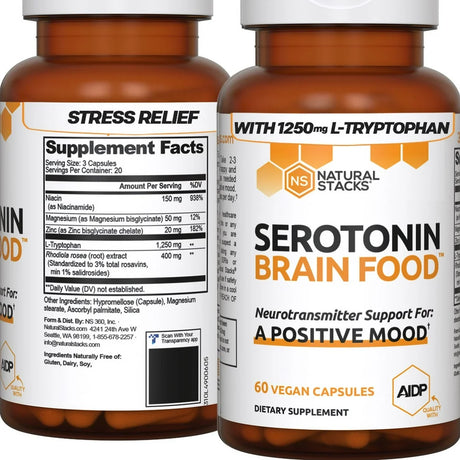 NATURAL STACKS Serotonin Brain Food W/ L-Tryptophan & Rhodiola Rosea - Mood Support Supplement - Promotes Positive Mood, Calmness, Stress Relief - Happy Mood & Brain Support Supplement - 60 Capsules