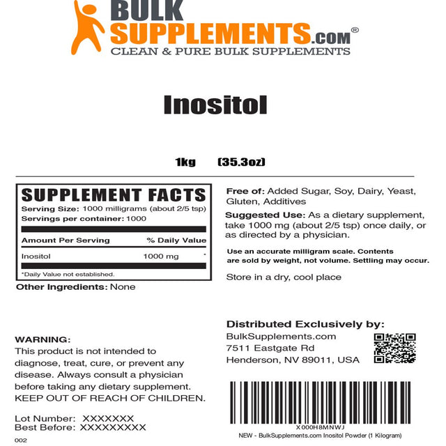 Bulksupplements.Com Inositol Powder, 1000Mg - Vitamin B8 Supplement for Brain, Heart, & Lung Support (1Kg - 1000 Servings)