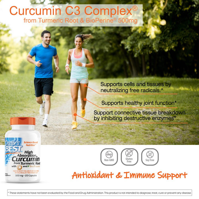 Doctor'S Best Curcumin from Turmeric Root, Non-Gmo, Gluten Free, Soy Free, Joint Support, 500Mg Caps with C3 Complex & Bioperine, 120 Veggie Caps